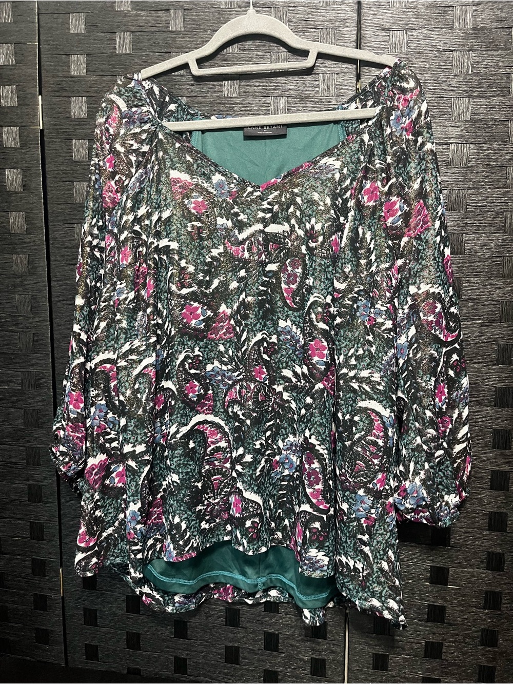 Lane Bryant Green Teal Floral Peasant Blouse with Pink Accents Size 20